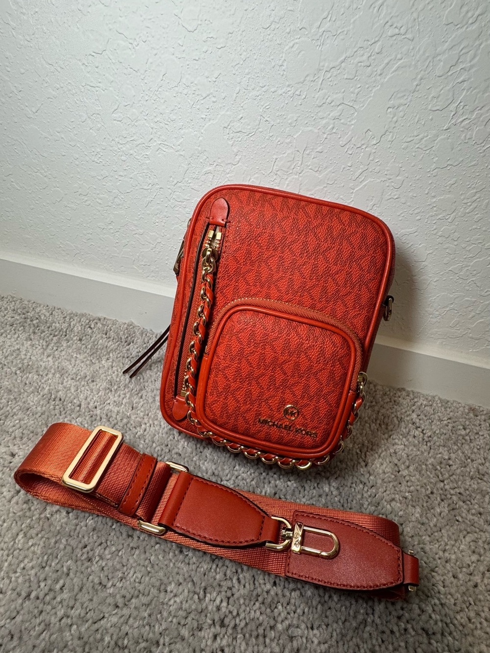 Michael Kors Red-Orange Monogram Crossbody Belt Bag with Gold Hardware